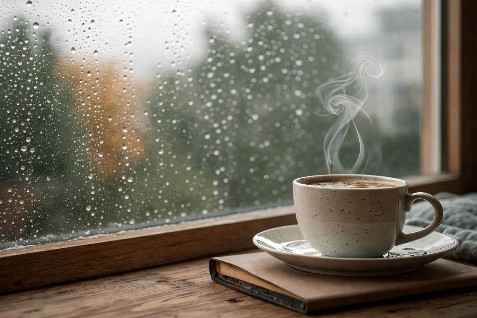 KI-generiertes Bild: ruhiger Moment mit Kaffee am Fenster an einem regnerischen Tag – bewusst leben im Alltag